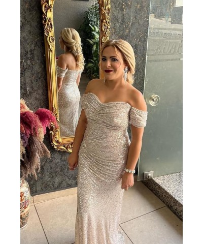 Sparkly Sequin Prom Dresses Long with Slit Off The Shoulder Bridesmaid Dress Pleated Evening Formal Gowns Orange $36.39 Dresses