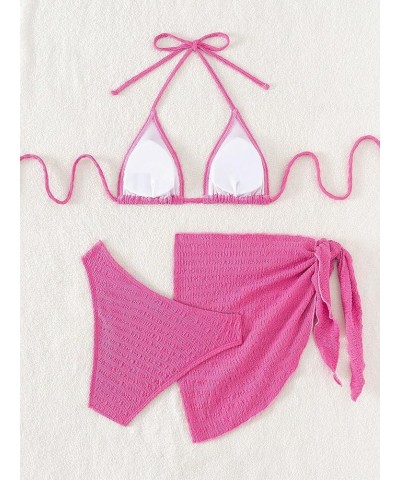 Women's 3 Piece Swimsuits Triangle Halter Bikini Sets Bathing Suit with Beach Cover Up Skirt Hot Pink $20.15 Swimsuits