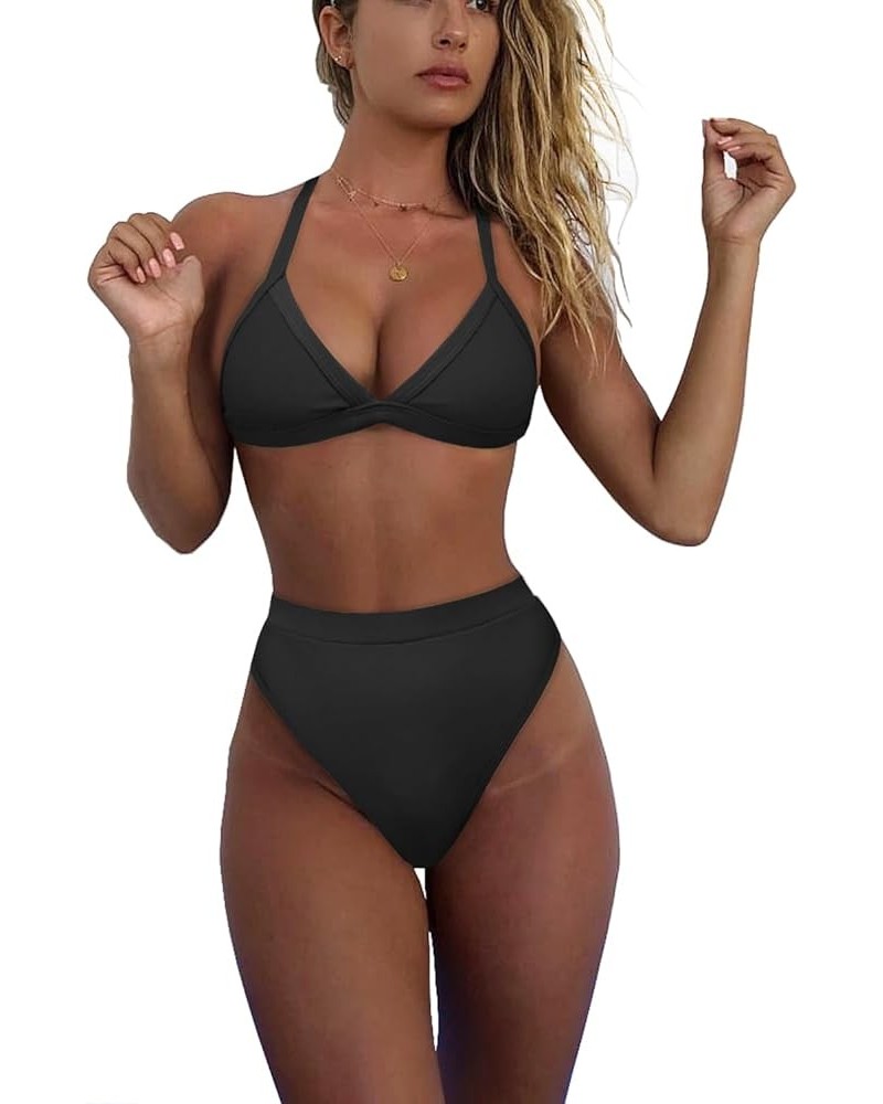 Women's Color Block Bikini Sets Sexy V Neck Adjustable Straps Triangle Bikinis High Waisted High Cut Bathing Suit 2 Piece Bla...