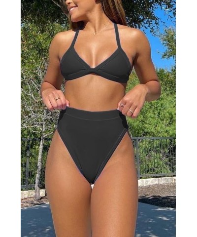 Women's Color Block Bikini Sets Sexy V Neck Adjustable Straps Triangle Bikinis High Waisted High Cut Bathing Suit 2 Piece Bla...