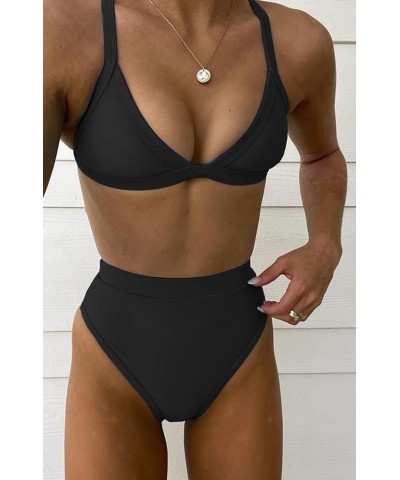 Women's Color Block Bikini Sets Sexy V Neck Adjustable Straps Triangle Bikinis High Waisted High Cut Bathing Suit 2 Piece Bla...