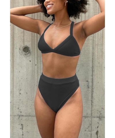 Women's Color Block Bikini Sets Sexy V Neck Adjustable Straps Triangle Bikinis High Waisted High Cut Bathing Suit 2 Piece Bla...