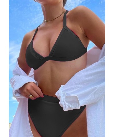 Women's Color Block Bikini Sets Sexy V Neck Adjustable Straps Triangle Bikinis High Waisted High Cut Bathing Suit 2 Piece Bla...