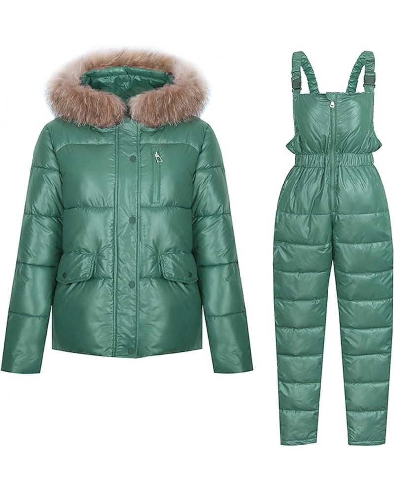 Women Winter Snowsuit 2 Piece Faux Fur Hooded Jacket and Ski Bib Overalls Thick Warm Ski Snow Suits Jumpsuit Outfits Mint Gre...