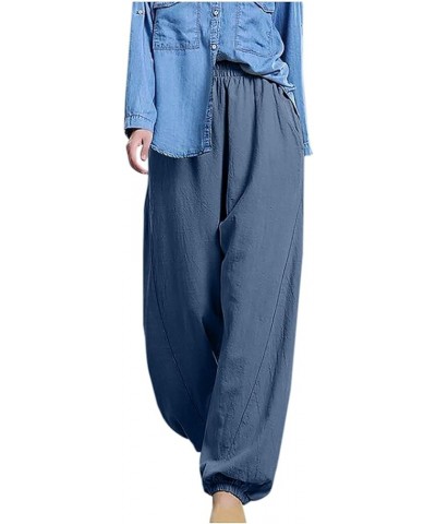Cotton Linen Trousers for Women High Waist Ruffle Palazzo Pants Loose Fit Pocket Wide Leg Pants Solid Color Lounge Pants Navy...