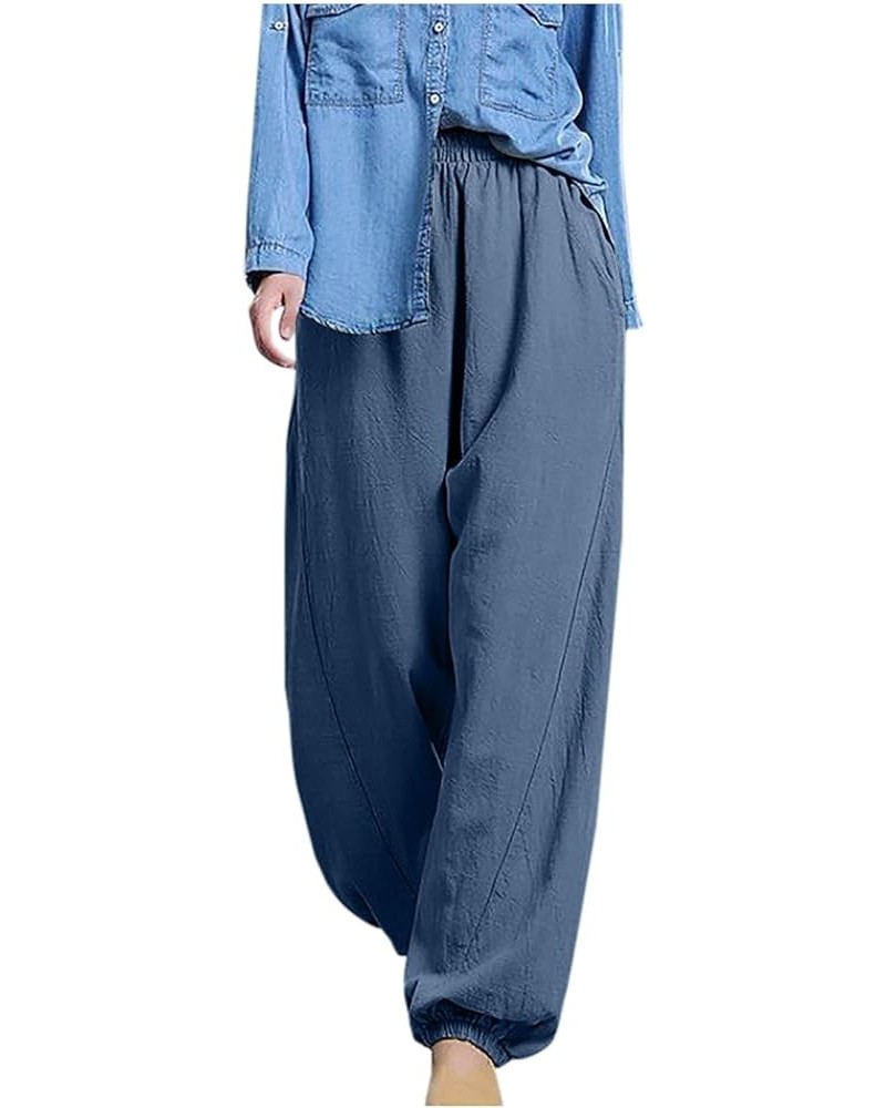 Cotton Linen Trousers for Women High Waist Ruffle Palazzo Pants Loose Fit Pocket Wide Leg Pants Solid Color Lounge Pants Navy...