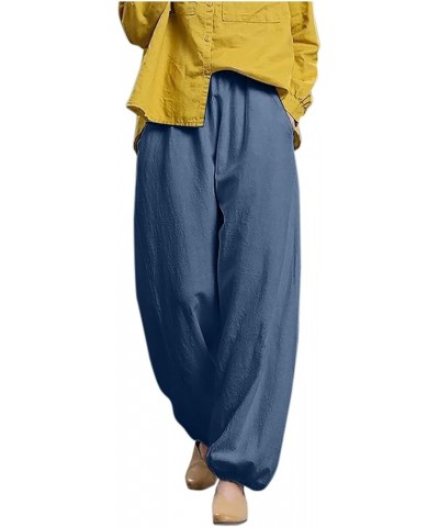 Cotton Linen Trousers for Women High Waist Ruffle Palazzo Pants Loose Fit Pocket Wide Leg Pants Solid Color Lounge Pants Navy...