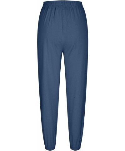 Cotton Linen Trousers for Women High Waist Ruffle Palazzo Pants Loose Fit Pocket Wide Leg Pants Solid Color Lounge Pants Navy...