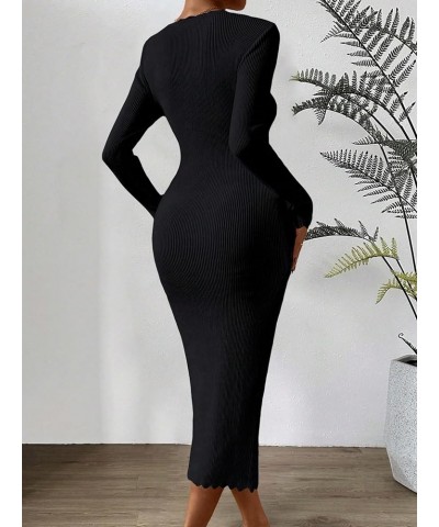 Women's Sweetheart Neck Rib Knit Long Sleeve Bodycon Long Sweater Dress Black $27.35 Sweaters