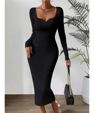 Women's Sweetheart Neck Rib Knit Long Sleeve Bodycon Long Sweater Dress Black $27.35 Sweaters