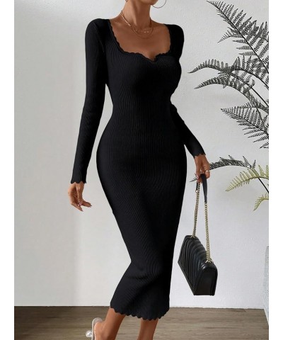 Women's Sweetheart Neck Rib Knit Long Sleeve Bodycon Long Sweater Dress Black $27.35 Sweaters