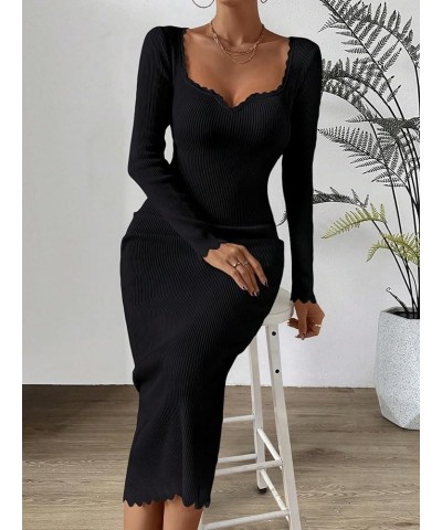 Women's Sweetheart Neck Rib Knit Long Sleeve Bodycon Long Sweater Dress Black $27.35 Sweaters