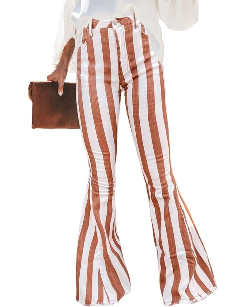 Womens Striped Bell Bottom Jeans Raw Hem Flared Denim Pants Brown $18.40 Jeans