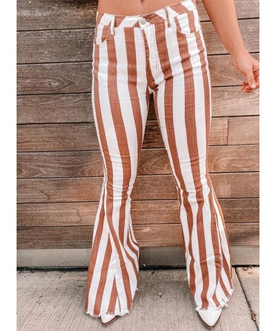 Womens Striped Bell Bottom Jeans Raw Hem Flared Denim Pants Brown $18.40 Jeans