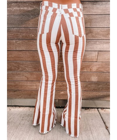 Womens Striped Bell Bottom Jeans Raw Hem Flared Denim Pants Brown $18.40 Jeans