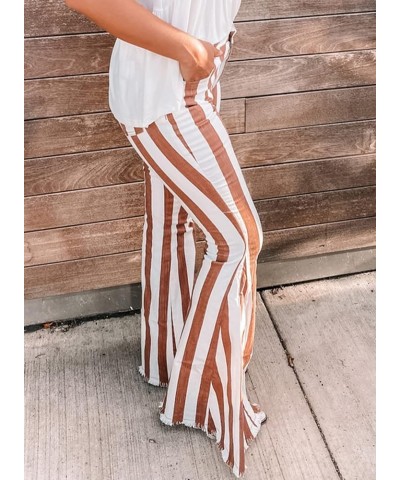 Womens Striped Bell Bottom Jeans Raw Hem Flared Denim Pants Brown $18.40 Jeans