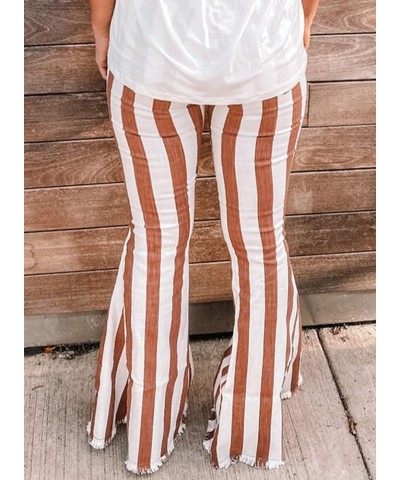 Womens Striped Bell Bottom Jeans Raw Hem Flared Denim Pants Brown $18.40 Jeans