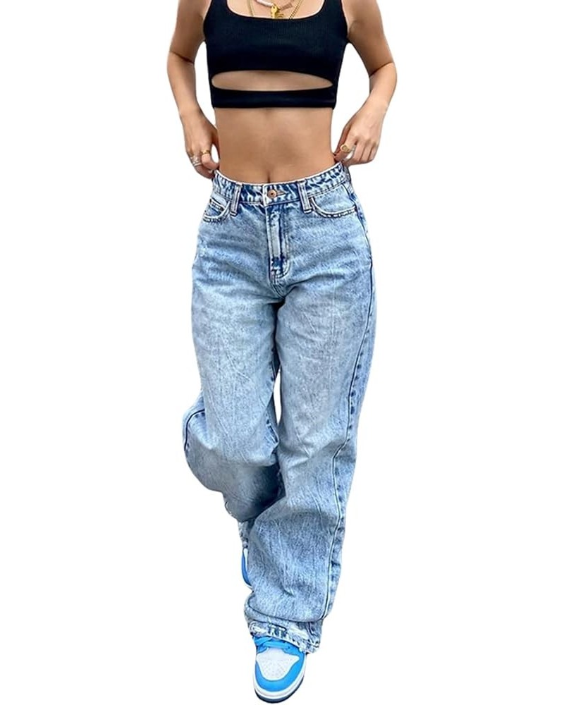 Women High Waist Baggy Denim Pants Wide Leg Straight Trousers Y2k Fashion Cargo Jeans Streetwear F-blue $15.05 Jeans