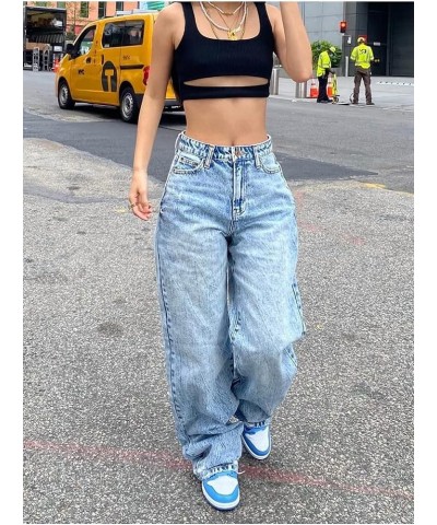 Women High Waist Baggy Denim Pants Wide Leg Straight Trousers Y2k Fashion Cargo Jeans Streetwear F-blue $15.05 Jeans
