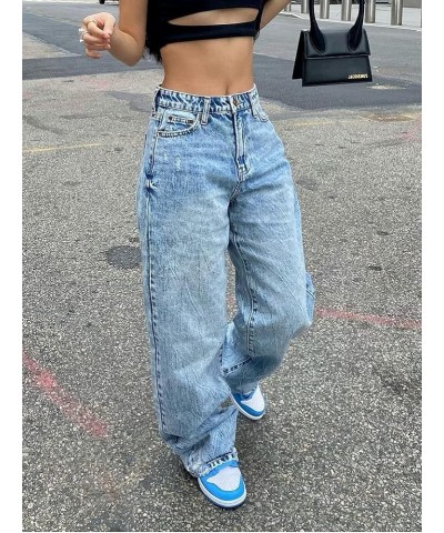 Women High Waist Baggy Denim Pants Wide Leg Straight Trousers Y2k Fashion Cargo Jeans Streetwear F-blue $15.05 Jeans