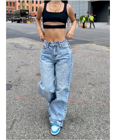 Women High Waist Baggy Denim Pants Wide Leg Straight Trousers Y2k Fashion Cargo Jeans Streetwear F-blue $15.05 Jeans