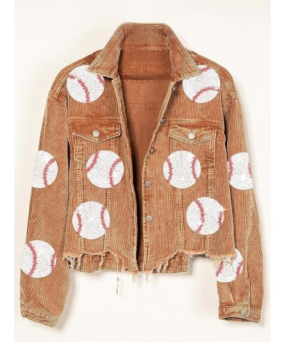 Womens Sequin Baseball Patches Corduroy Jacket Cropped Raw Hem Washed Shacket Jacket Brown $35.39 Jackets