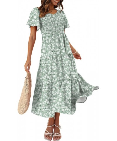 Women's 2024 Summer Casual Flutter Short Sleeve V Neck Smocked Elastic Waist Tiered Midi Dress 09-green Daisy $21.14 Dresses