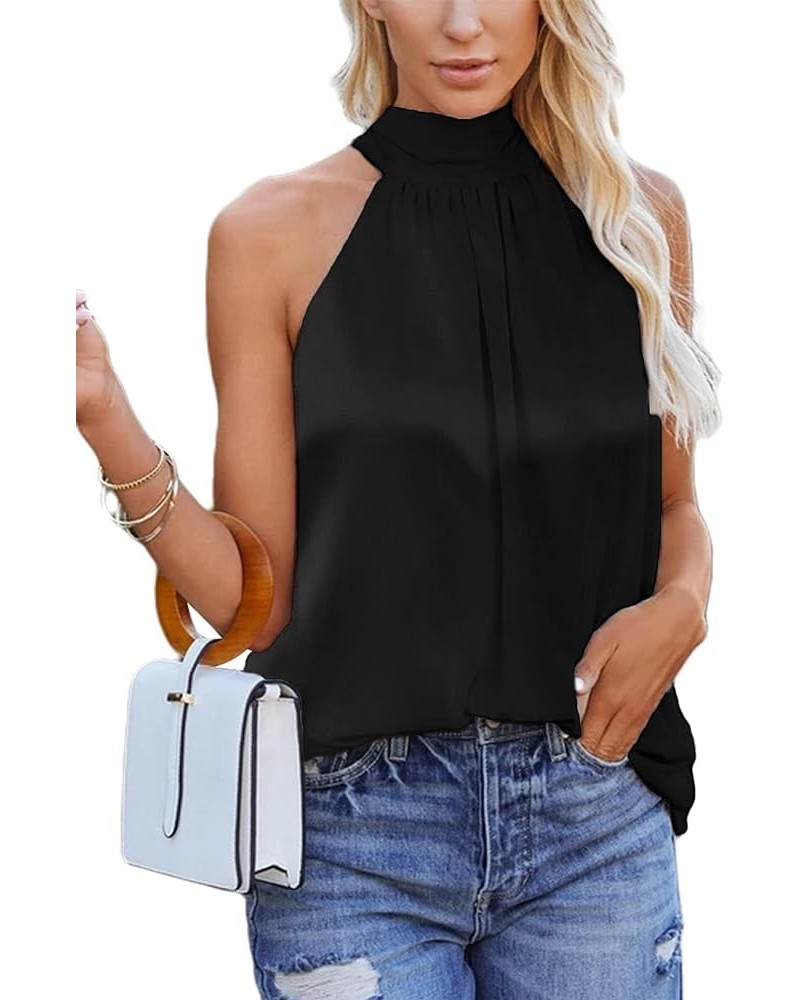 Women's Casual Sleeveless Self Tie Neck Pleated Front Tank Halter Top Satin-black $16.49 Tanks