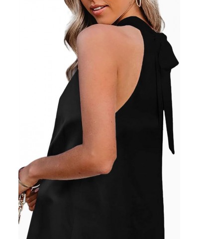 Women's Casual Sleeveless Self Tie Neck Pleated Front Tank Halter Top Satin-black $16.49 Tanks