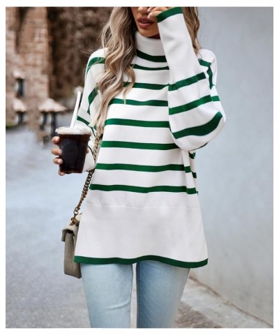 Women's Turtleneck Striped Sweater Casual Loose Long Sleeve Side Split Ribbed Knit Pullover Tops Green $25.07 Sweaters
