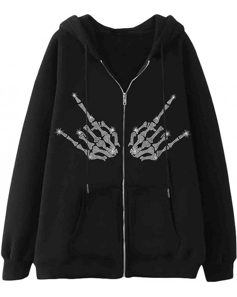 Y2k Zip Up Hoodie Sweatshirt Women Men Skeleton Printed Oversized Aesthetic Grunge Jacket Vintage Graphic Tops R Black $16.11...