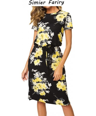2024 Womens Hide Belly Work Casual Midi Blouson Dress with Pockets A-a-black Floral/Yellow/White $32.94 Dresses