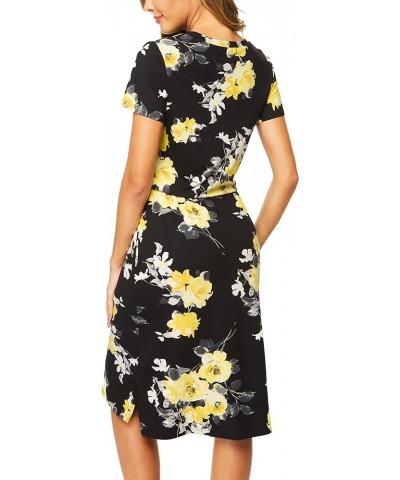 2024 Womens Hide Belly Work Casual Midi Blouson Dress with Pockets A-a-black Floral/Yellow/White $32.94 Dresses