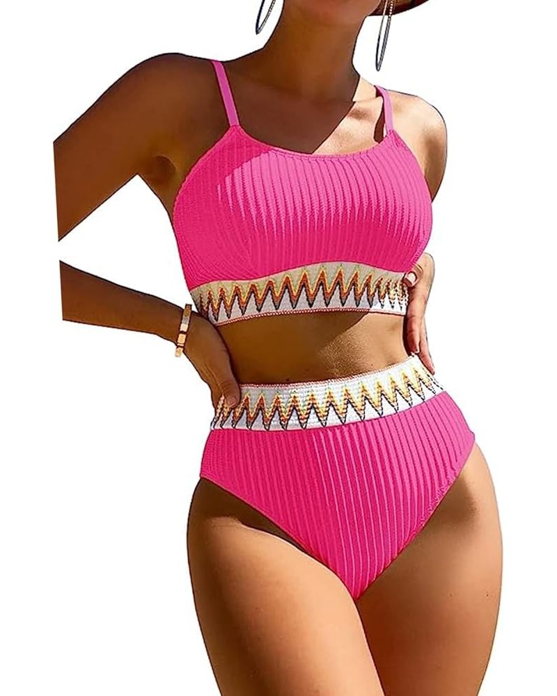 High Waisted Swimsuit Sports Ribbed Bikini Set Adjustable Shoulder Strap Two Piece Swimsuit Swimwear for Women Rose1 $15.38 S...