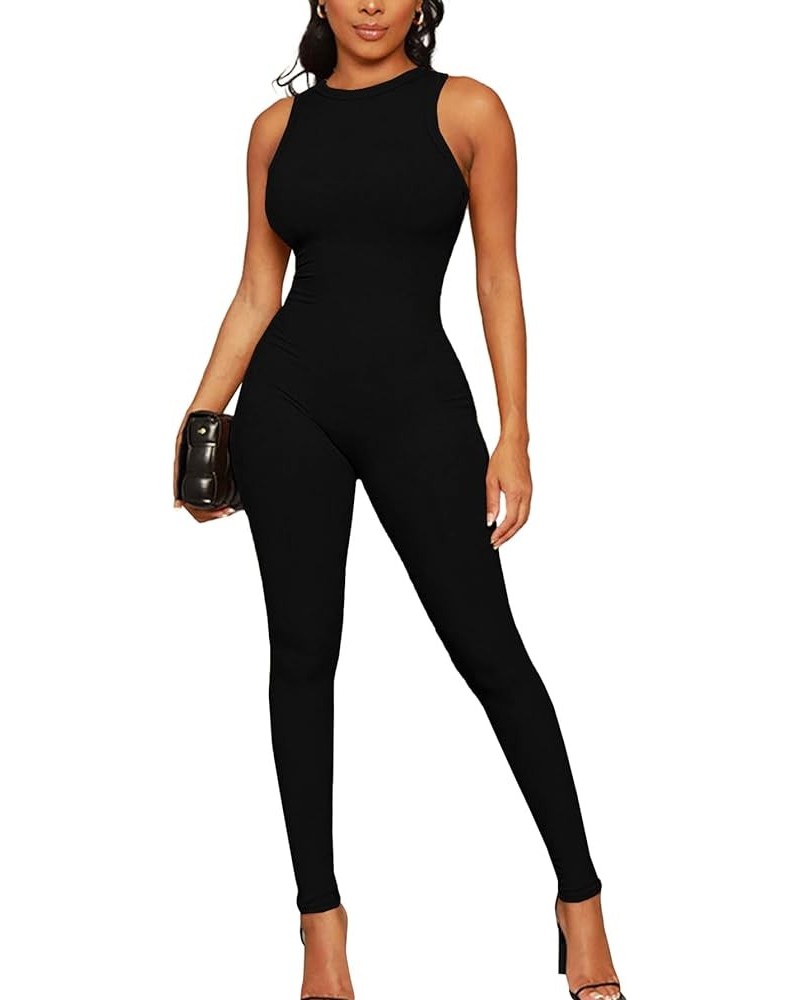 Women's Crewneck Sleeveless Bodycon Overall Tank Jumpsuit Playsuit Long Romper Black $12.47 Jumpsuits
