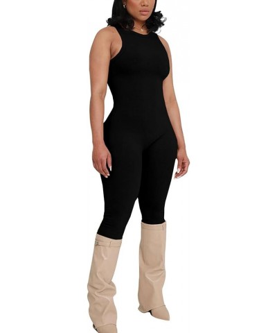 Women's Crewneck Sleeveless Bodycon Overall Tank Jumpsuit Playsuit Long Romper Black $12.47 Jumpsuits
