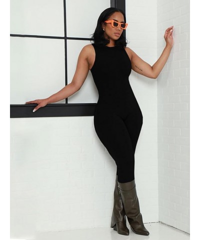 Women's Crewneck Sleeveless Bodycon Overall Tank Jumpsuit Playsuit Long Romper Black $12.47 Jumpsuits