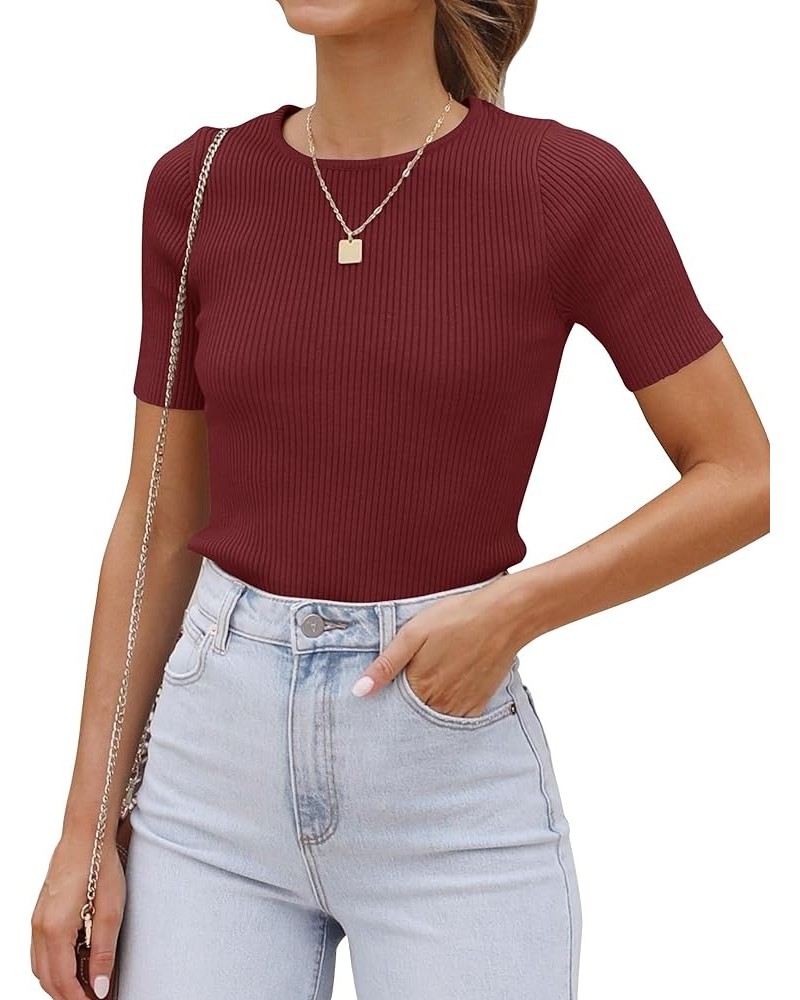Women's Short Sleeve Crewneck T Shirt 2024 Summer Ribbed Knit Slim Fit Basic Solid Color Tee Tops Wine $10.75 T-Shirts