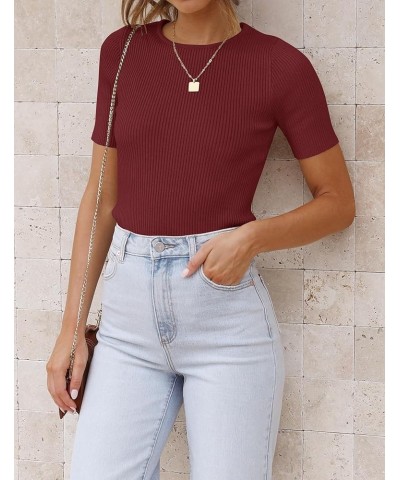 Women's Short Sleeve Crewneck T Shirt 2024 Summer Ribbed Knit Slim Fit Basic Solid Color Tee Tops Wine $10.75 T-Shirts