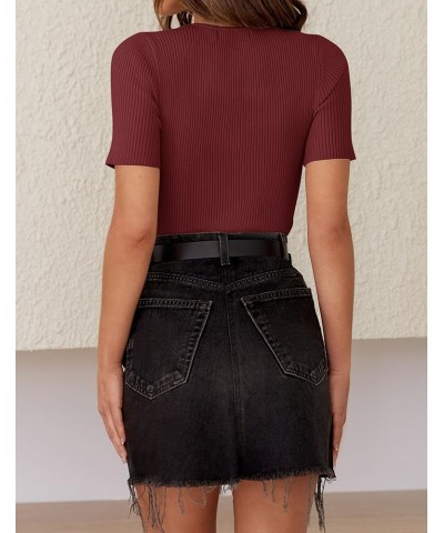 Women's Short Sleeve Crewneck T Shirt 2024 Summer Ribbed Knit Slim Fit Basic Solid Color Tee Tops Wine $10.75 T-Shirts