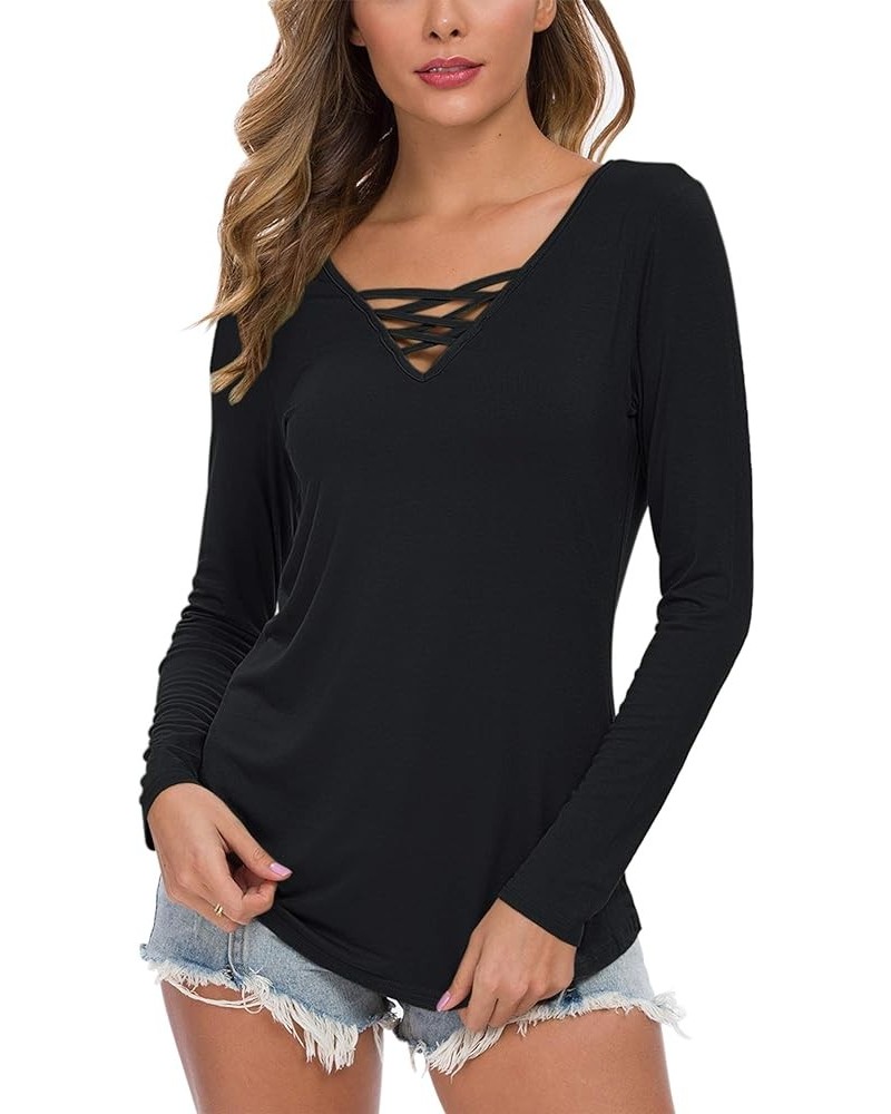 Women's Casual Long Sleeve T-Shirt Criss Cross V-Neck Basic Tees Tops 01 Black $14.74 T-Shirts