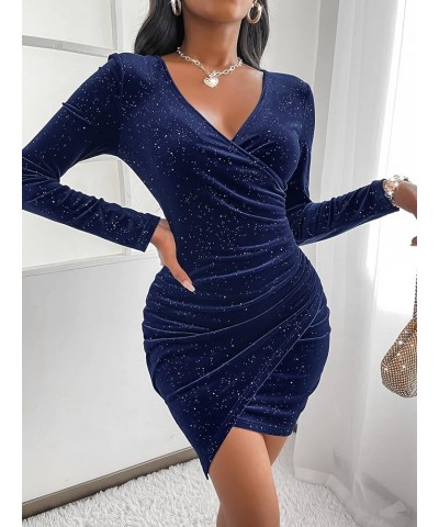 Women's Mini Wrap Dress V Neck Long Sleeve Velvet Bodycon Glitter Ruched Cocktail Party Dresses 00 Dark Blue1601 $19.27 Dresses