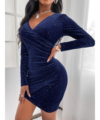Women's Mini Wrap Dress V Neck Long Sleeve Velvet Bodycon Glitter Ruched Cocktail Party Dresses 00 Dark Blue1601 $19.27 Dresses