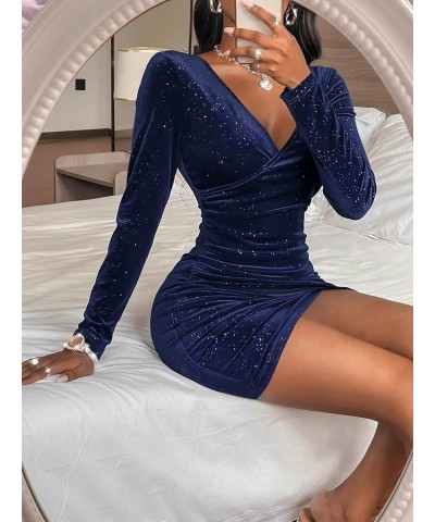 Women's Mini Wrap Dress V Neck Long Sleeve Velvet Bodycon Glitter Ruched Cocktail Party Dresses 00 Dark Blue1601 $19.27 Dresses