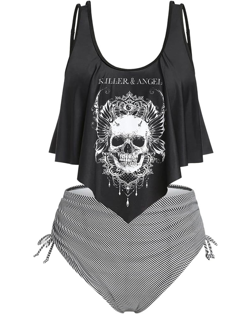 Rosegal Womens Plus Size Curve Gothic Tankini Swimwear Tummy Control Two Piece Bathing Suit Ruffled Swimwear Black_1 $25.79 S...