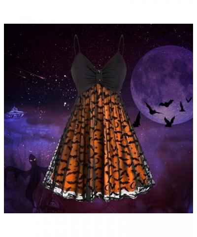 Women Vintage Halloween Print Sling Double Layer Chiffon Mesh V Neck Dress Long Plus Size Dresses with Sleeves Orange $18.26 ...