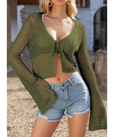 Womens Crochet Cardigan Sweater Kimonos Boho Lace-up Summer Cropped Open Front Outwear Green $15.38 Sweaters