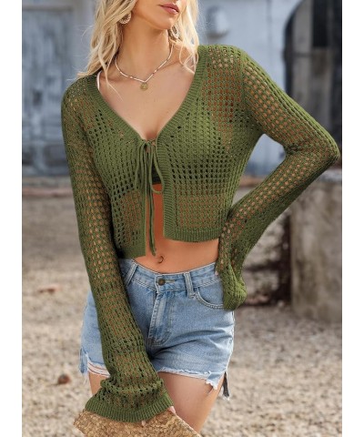 Womens Crochet Cardigan Sweater Kimonos Boho Lace-up Summer Cropped Open Front Outwear Green $15.38 Sweaters
