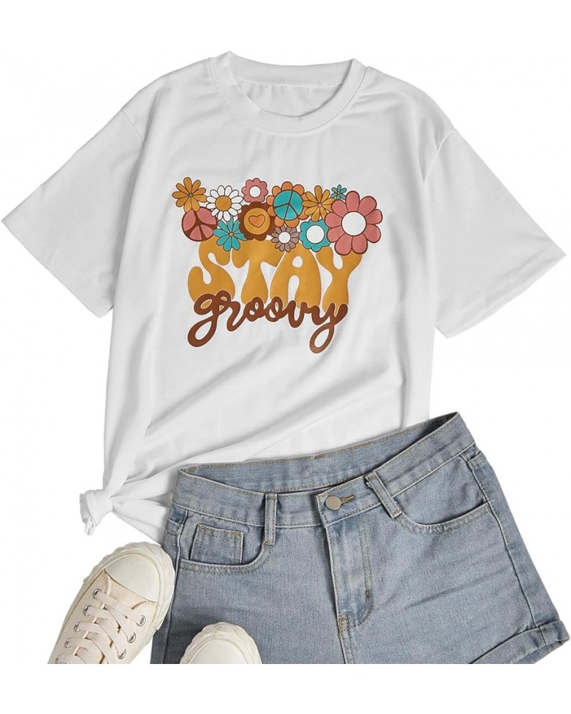 Women's Summer Hippie 70s T Shirt Cute Flower Graphic Loose Tees Crew Neck Short Sleeve Casual Tops White $9.24 T-Shirts