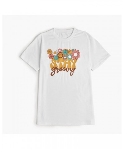 Women's Summer Hippie 70s T Shirt Cute Flower Graphic Loose Tees Crew Neck Short Sleeve Casual Tops White $9.24 T-Shirts